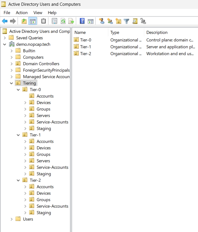 The resulting OU structure in Active Directory Users and Computers