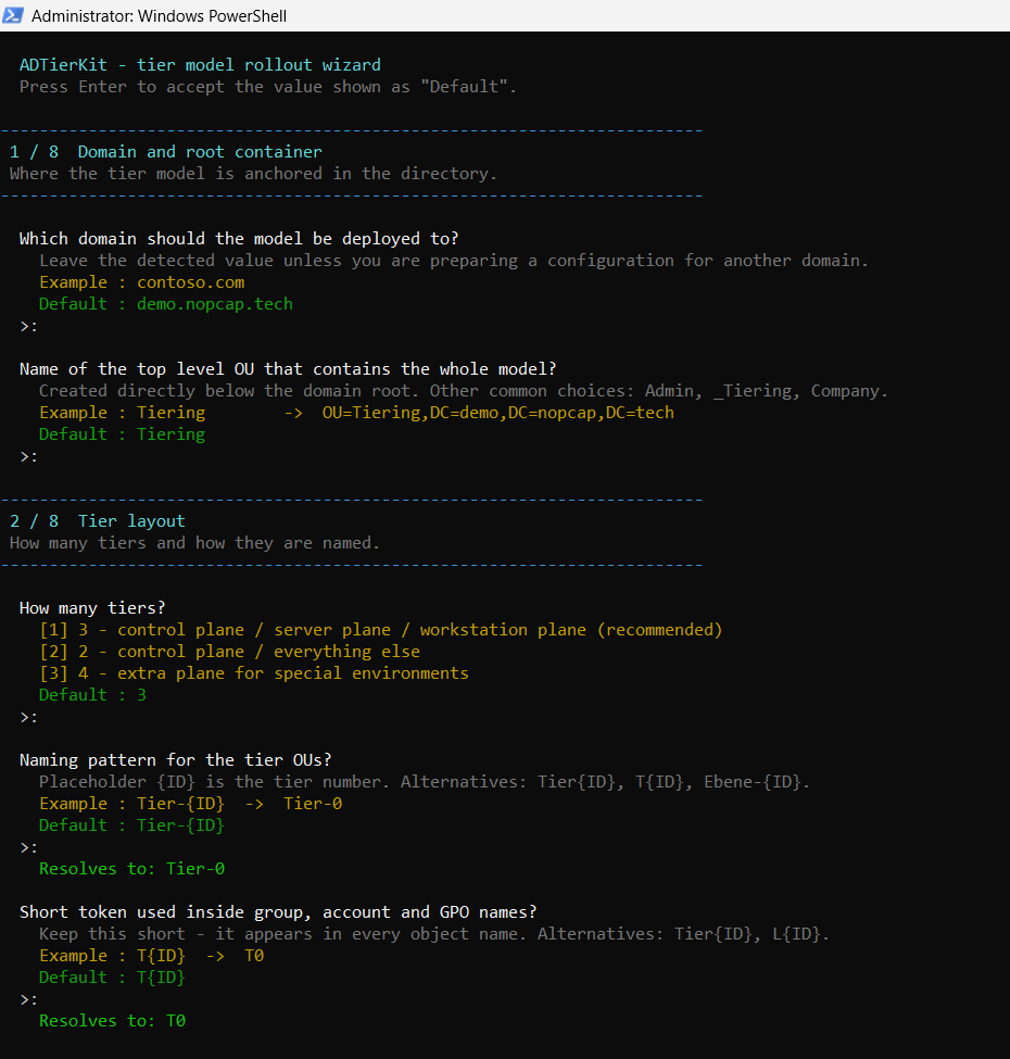 The wizard asking for domain, tier count and naming patterns